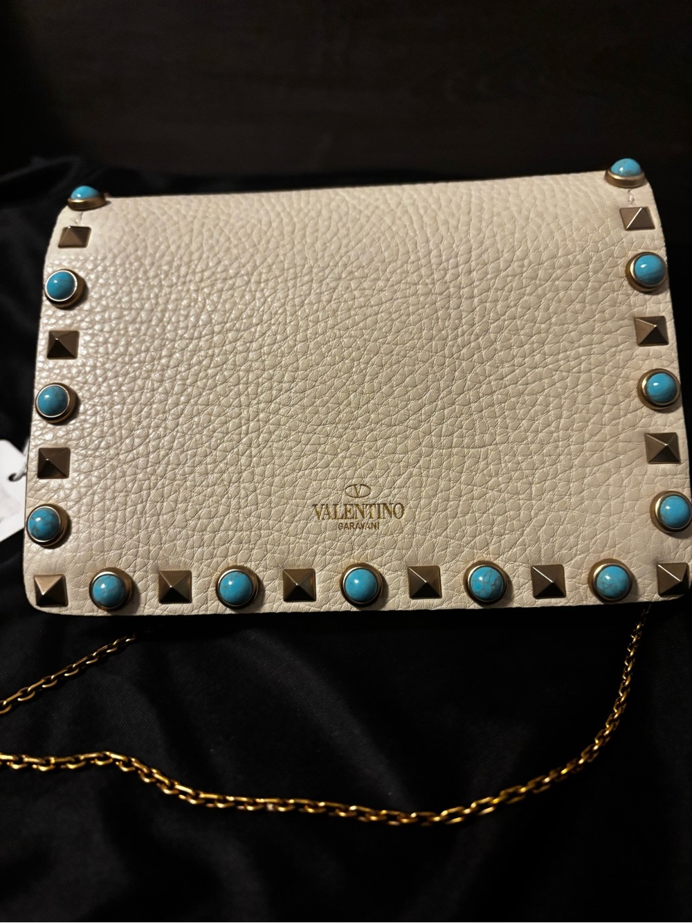Valentino Garavani Cream Leather Studded wallet on chain with Turquoise Accents